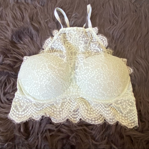 VS PINK Eyelash Lace Push Up High Neck Bralette Medium Baby Blue Tint - Picture 1 of 8